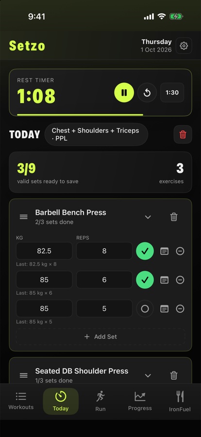 Workout logging and rest timer