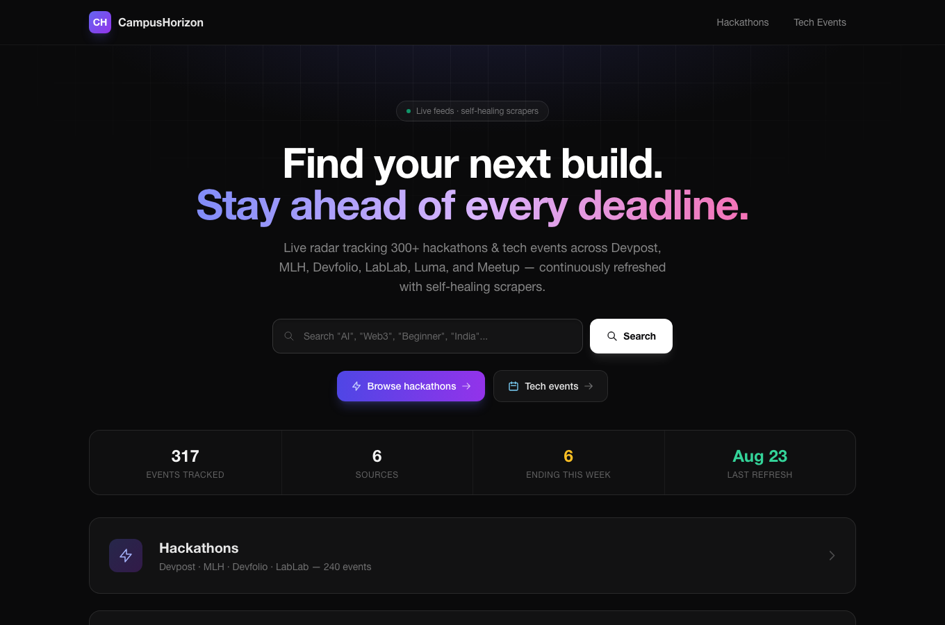 CampusHorizon’s locally running discovery page with event sources and upcoming deadlines