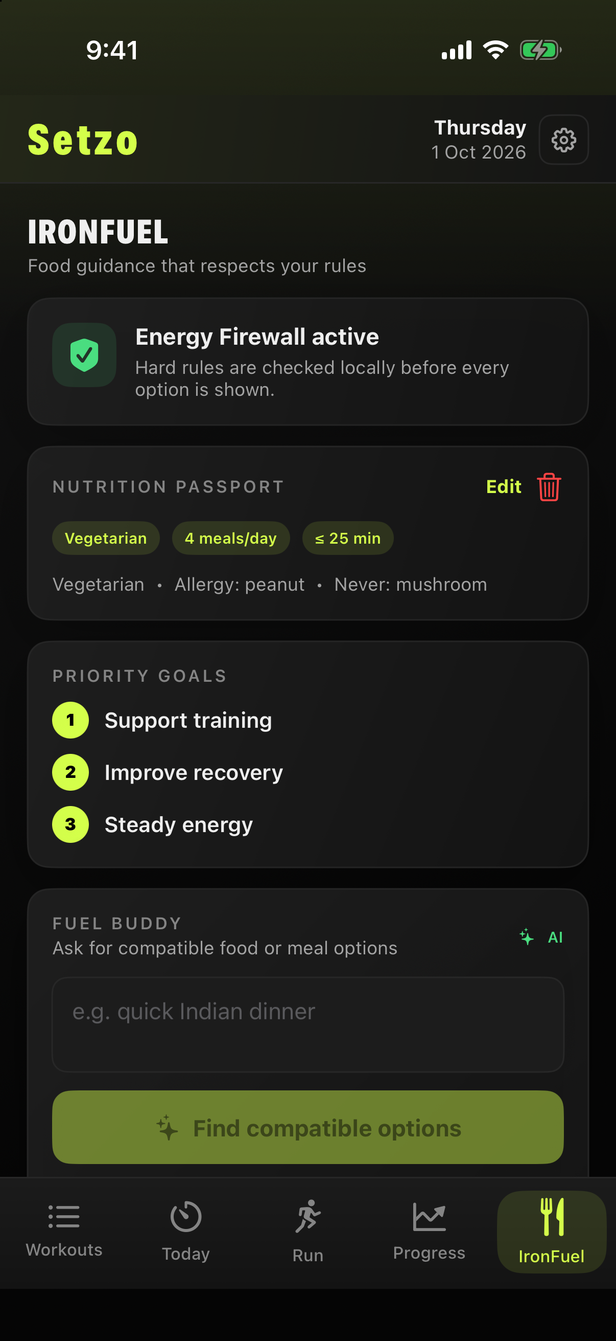 Setzo IronFuel with a Nutrition Passport and meal ideas